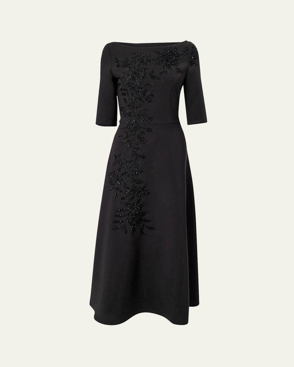 Embroidered Boat-Neck Midi Dress